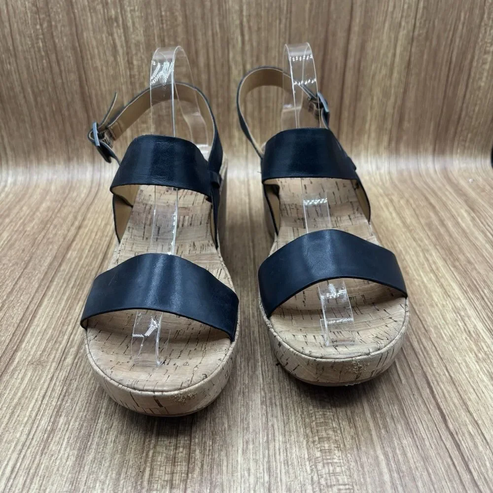KORKS KORK-EASE Austin US 10 Genuine Leather Platform Wedge Sandal Black Comfort